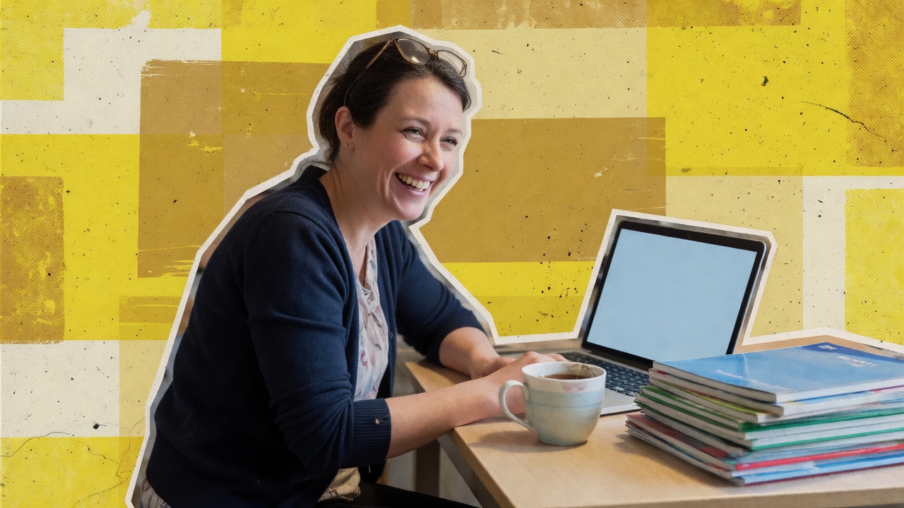 A teacher at a desk with a laptop and books