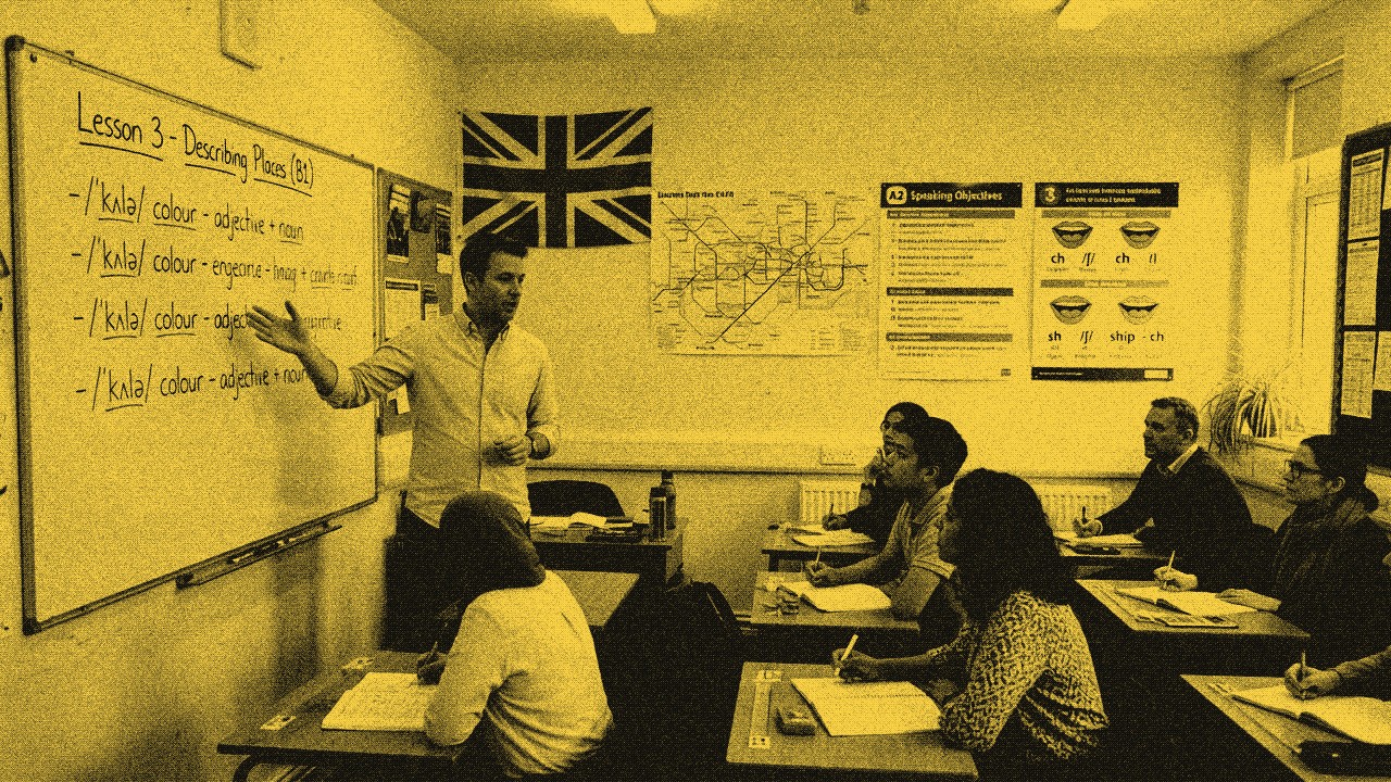 A teacher at the whiteboard